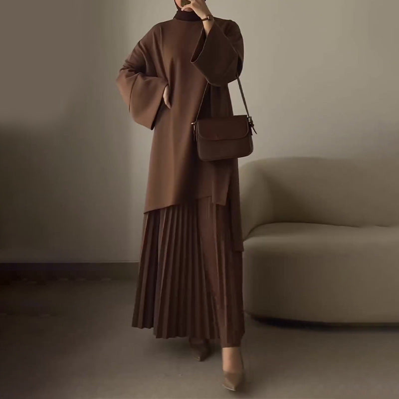 Women's Flared Sleeve Top Pleated Maxi Skirt Set Trumpet Cuff