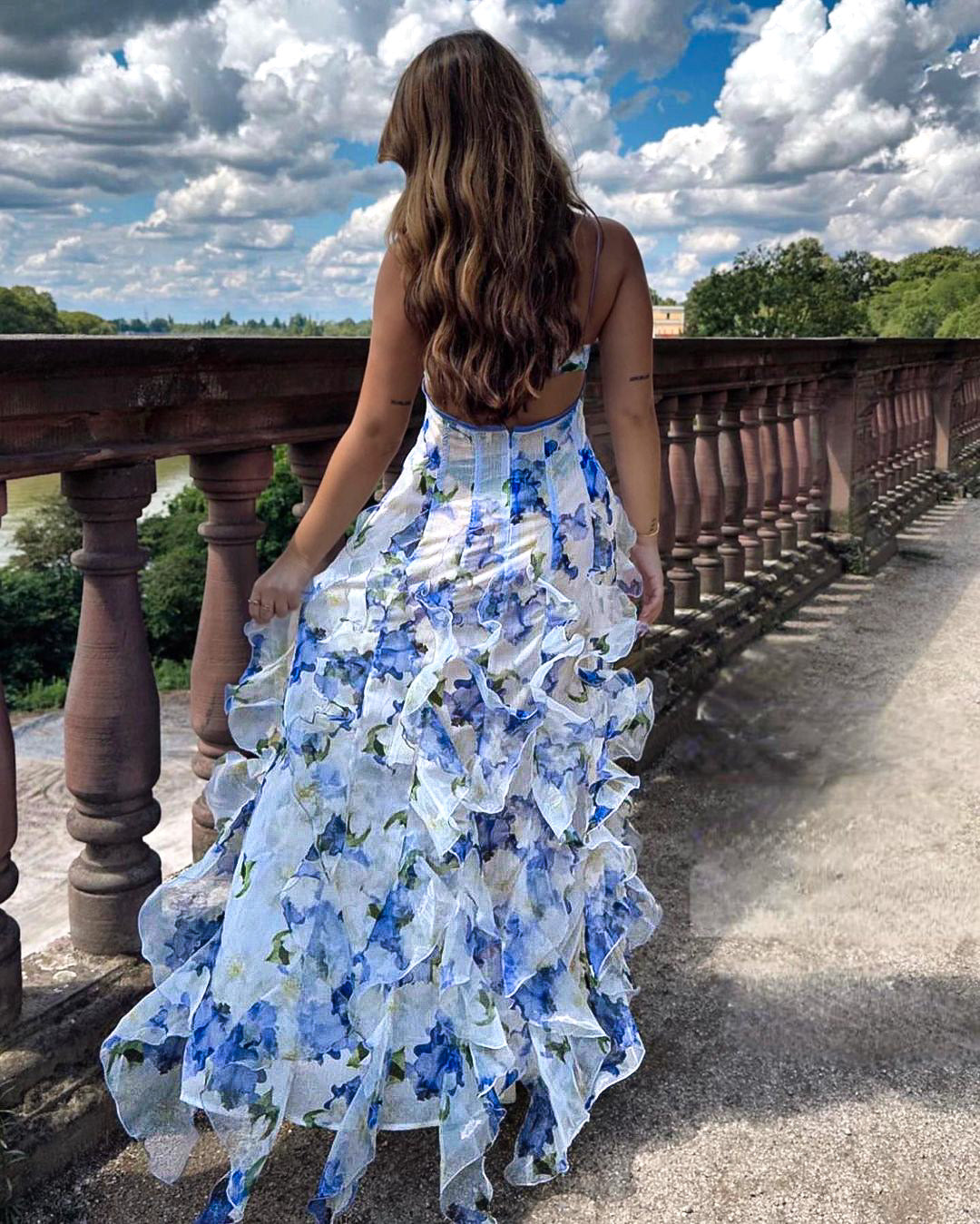 Women's Floral Corset Ruffle Dress Maxi