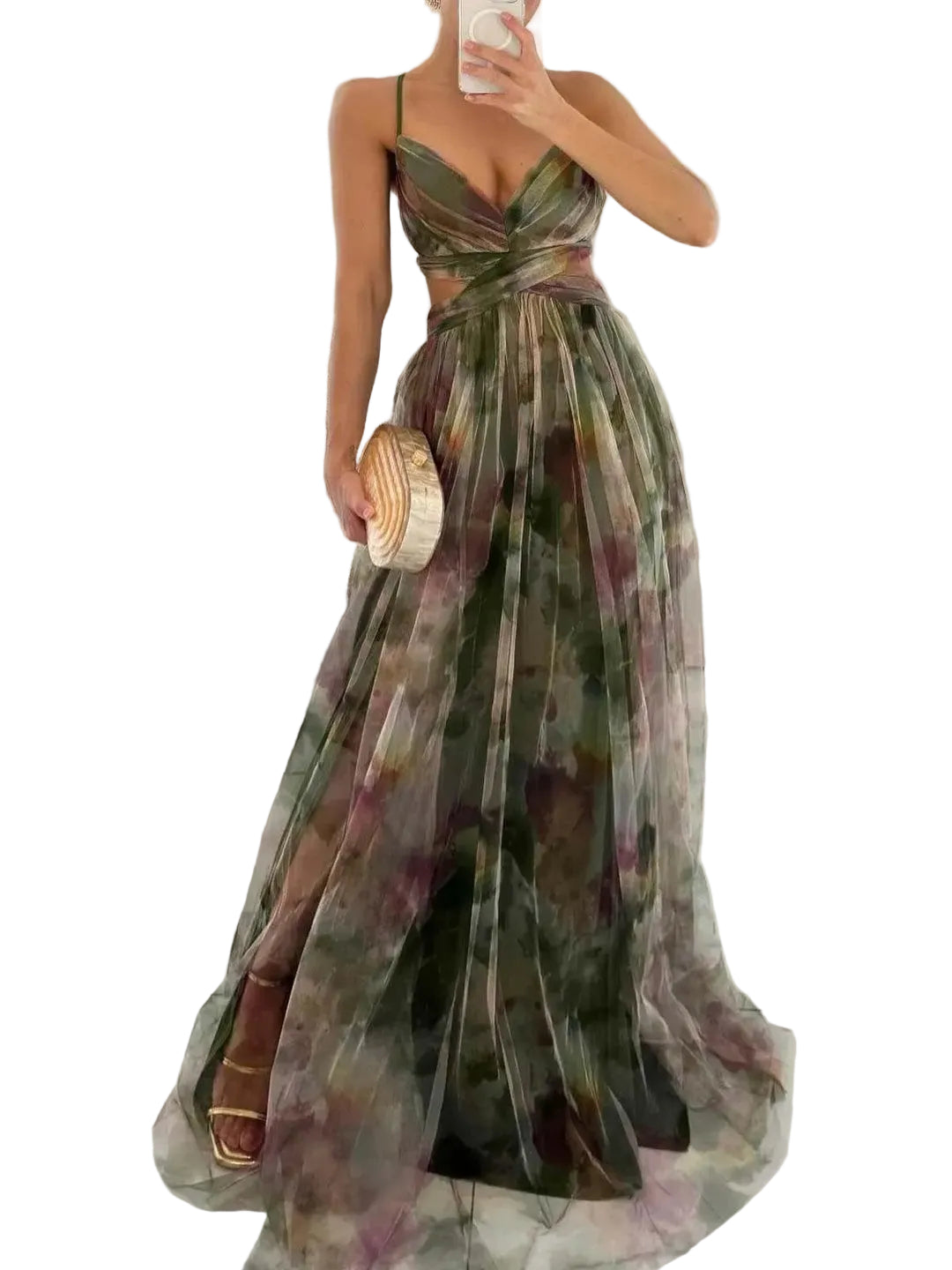 Women's Floral Cut Out Pleated Dress Maxi