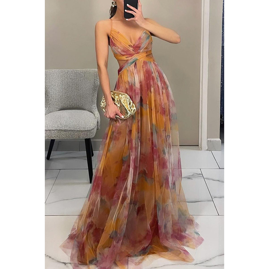 Women's Floral Cut Out Pleated Dress Maxi