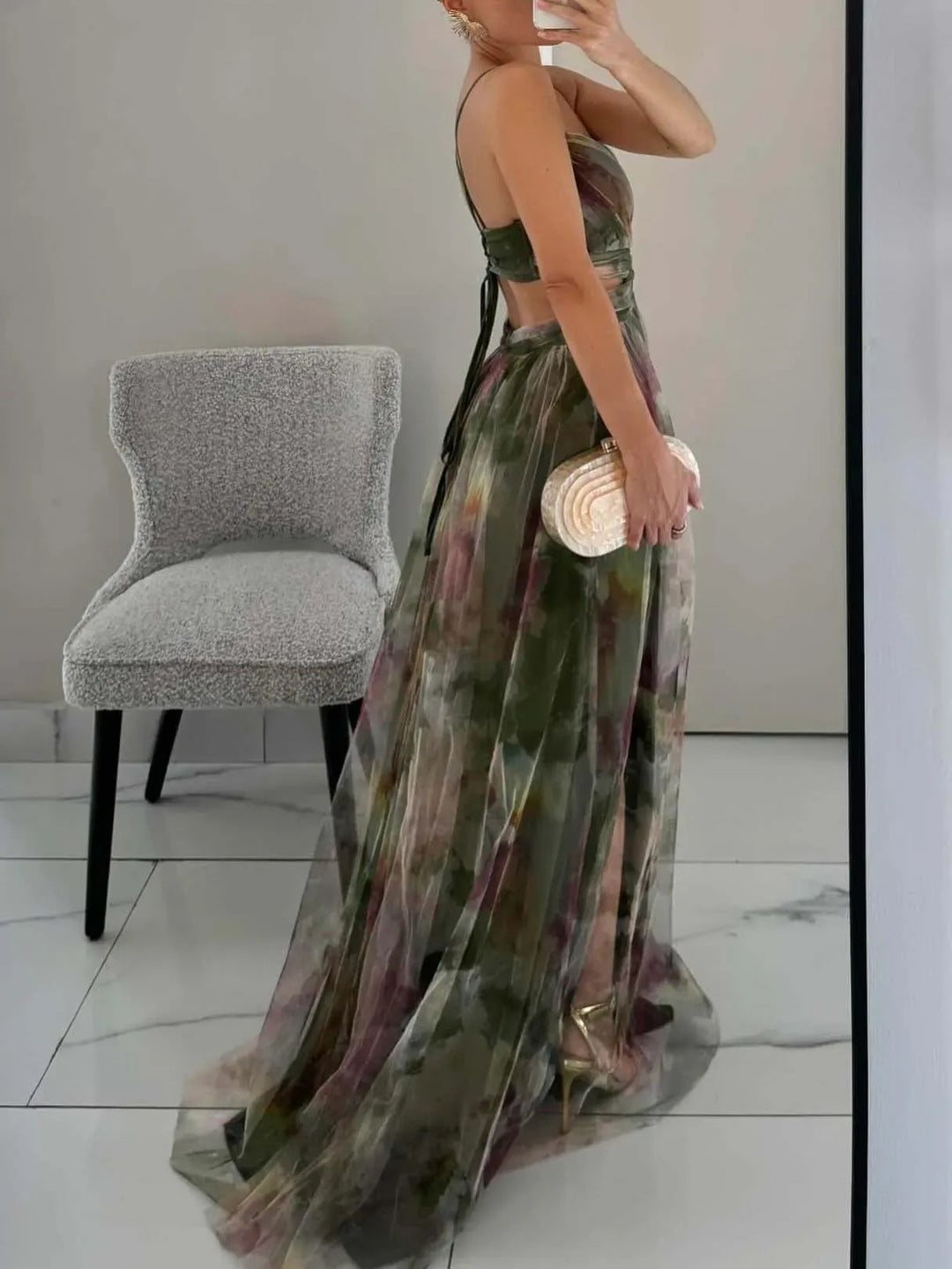 Women's Floral Cut Out Pleated Dress Maxi