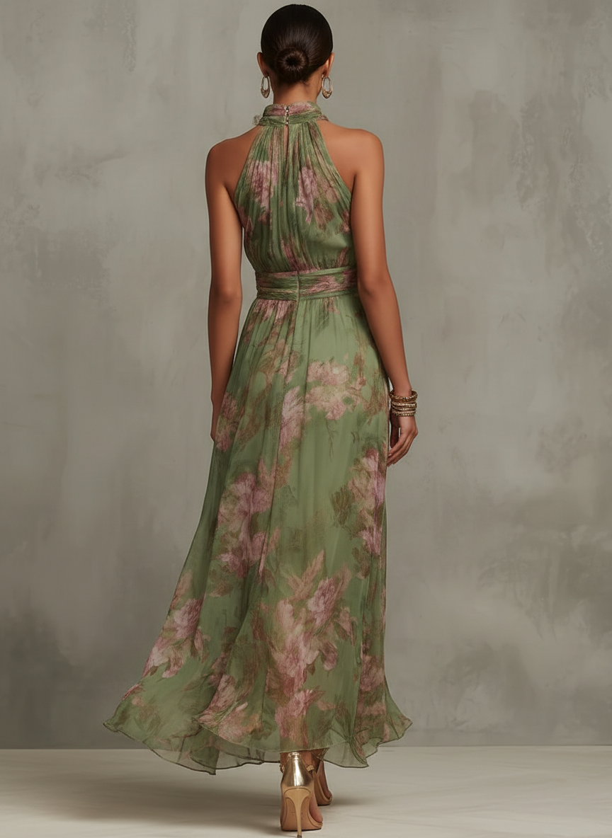 Women's Floral Halter Neck Chiffon Maxi Dress