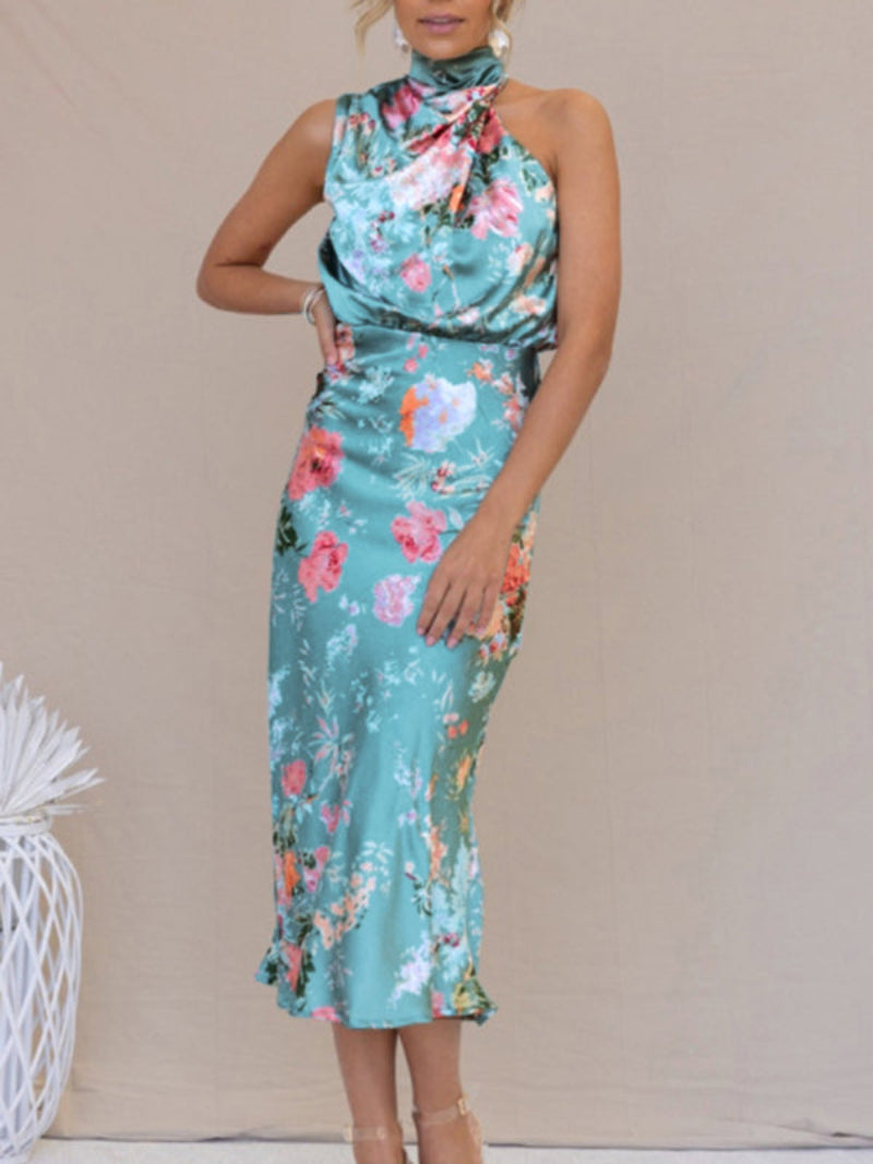 Women's Floral Halter Neck Sleeveless Dress Midi