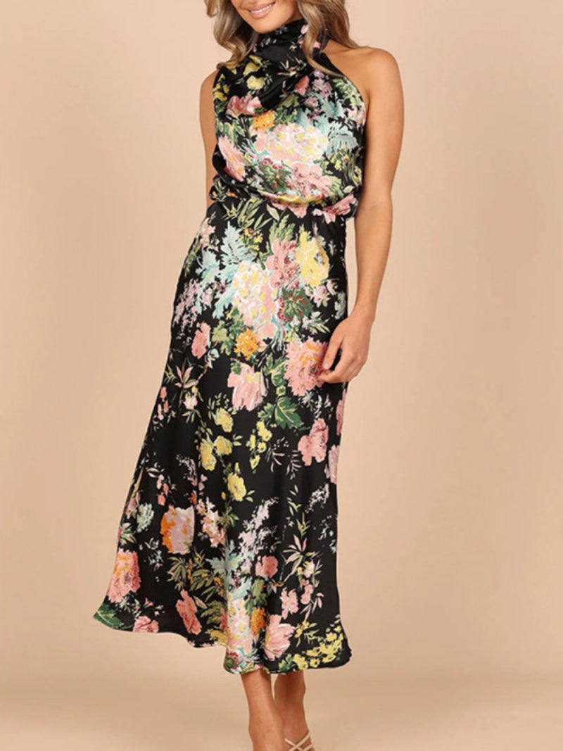 Women's Floral Halter Neck Sleeveless Dress Midi