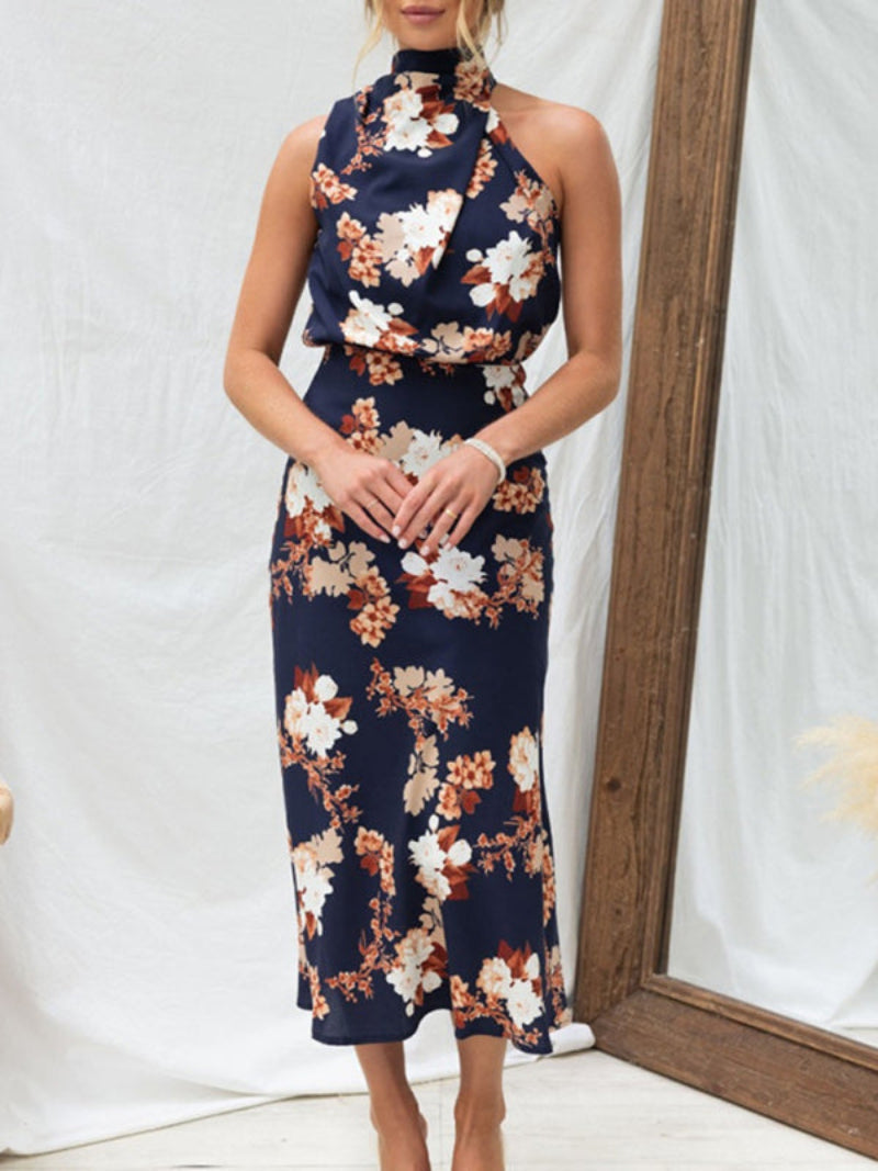 Women's Floral Halter Neck Sleeveless Dress Midi