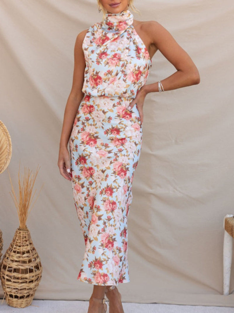 Women's Floral Halter Neck Sleeveless Dress Midi