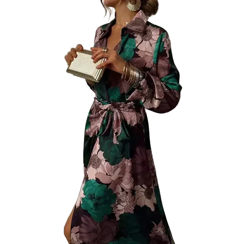Women's Floral Shirt Dress Long Sleeve Maxi