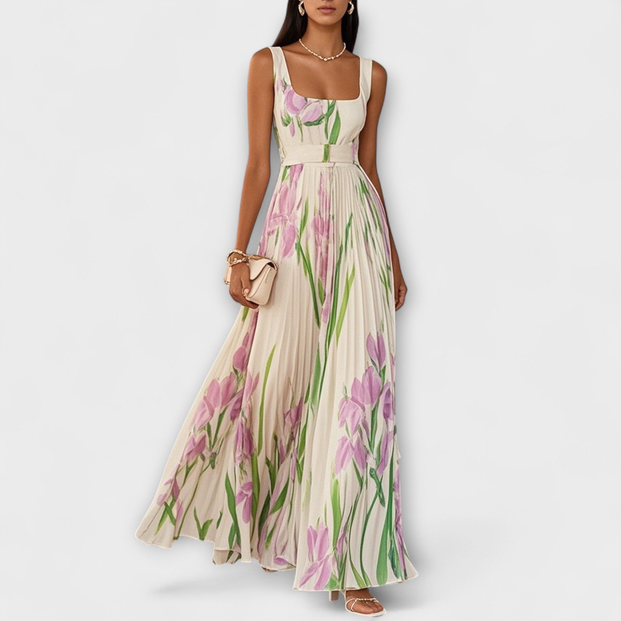 Women's Floral Square Neck Pleated A Line Dress Maxi