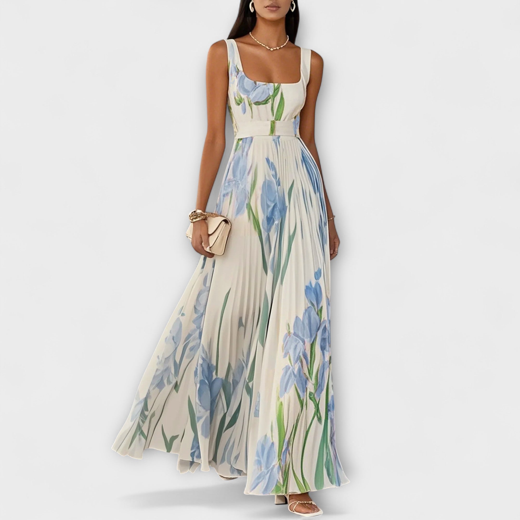 Women's Floral Square Neck Pleated A Line Dress Maxi