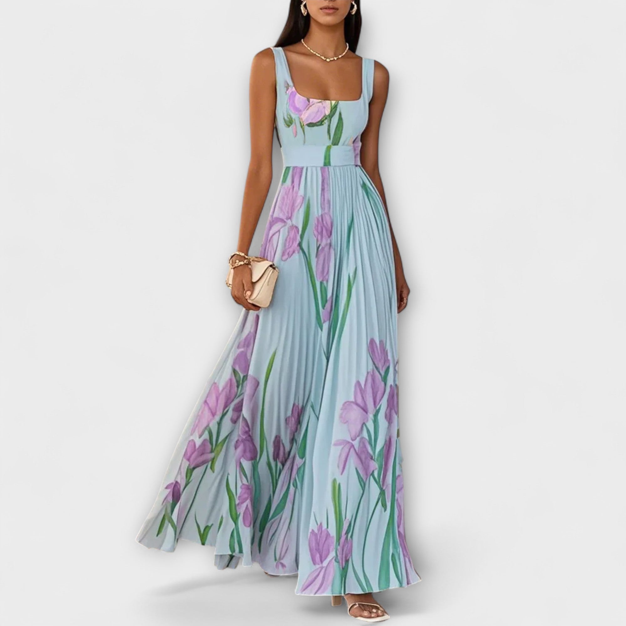 Women's Floral Square Neck Pleated A Line Dress Maxi