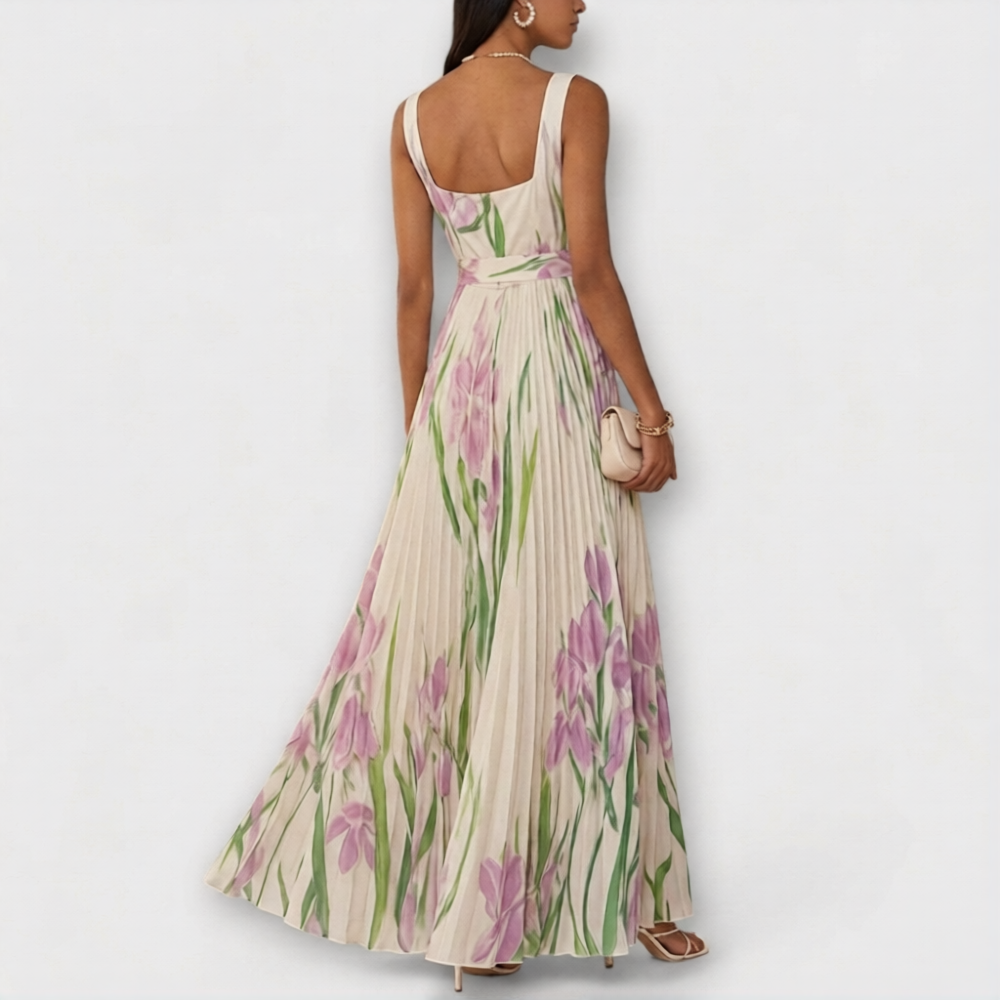 Women's Floral Square Neck Pleated A Line Dress Maxi