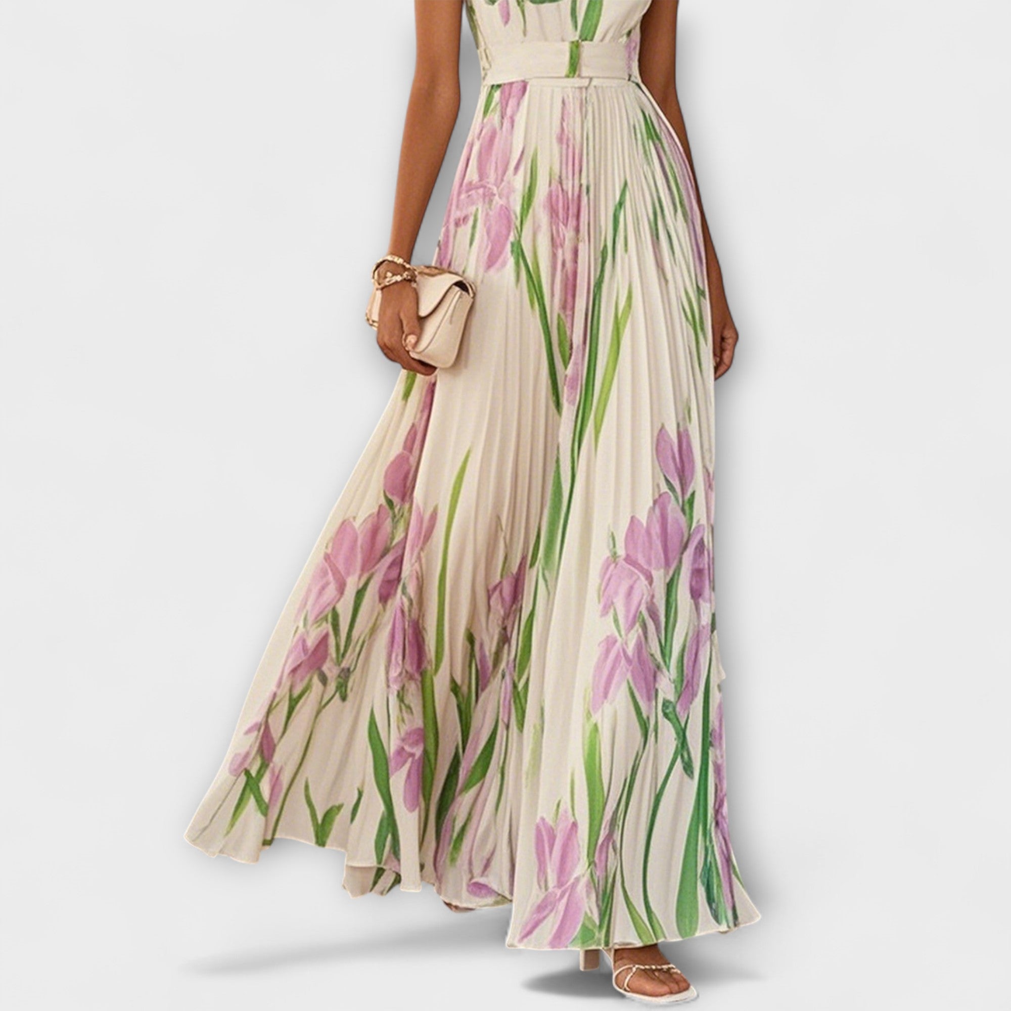 Women's Floral Square Neck Pleated A Line Dress Maxi
