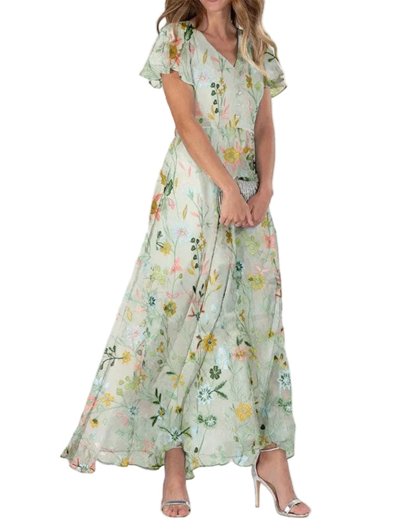 Women's Floral V Neck Flutter Sleeve Chiffon Dress Maxi