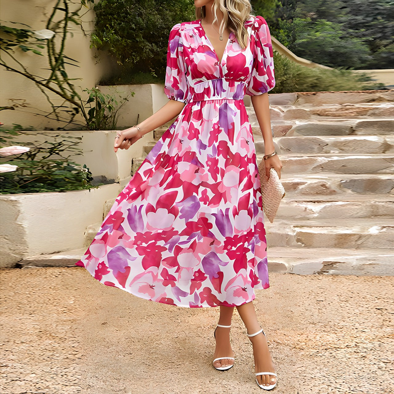 Women's Floral V Neck Midi Dress with Puff Sleeves
