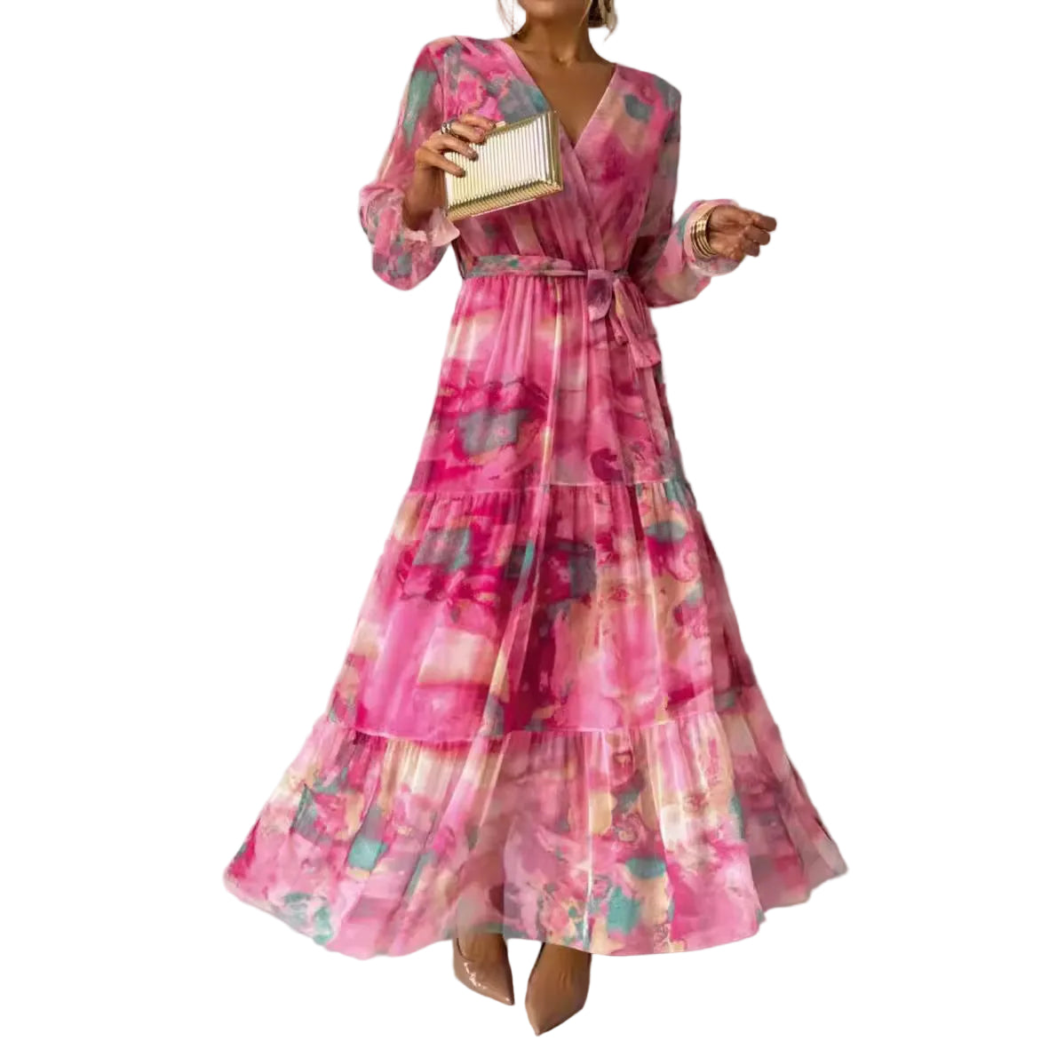 Women's Floral Wrap Long Sleeve Dress Maxi