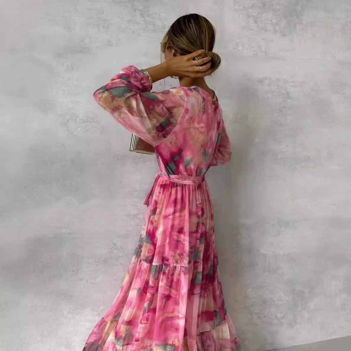 Women's Floral Wrap Long Sleeve Dress Maxi