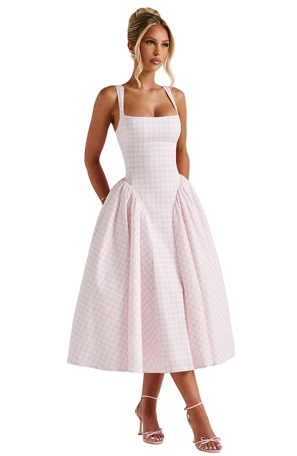Women's Gingham Square Neck Full Skirt Dress Midi
