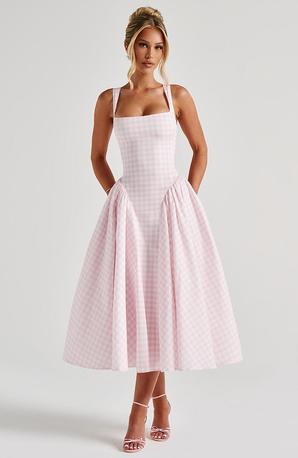 Women's Gingham Square Neck Full Skirt Dress Midi