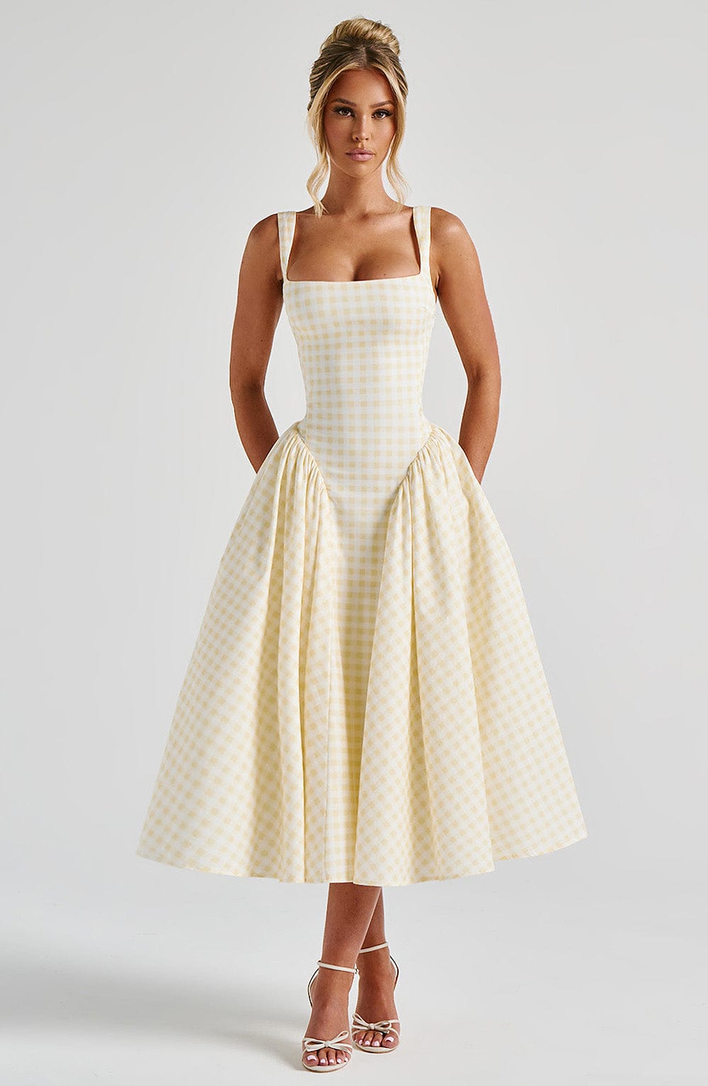 Women's Gingham Square Neck Full Skirt Dress Midi