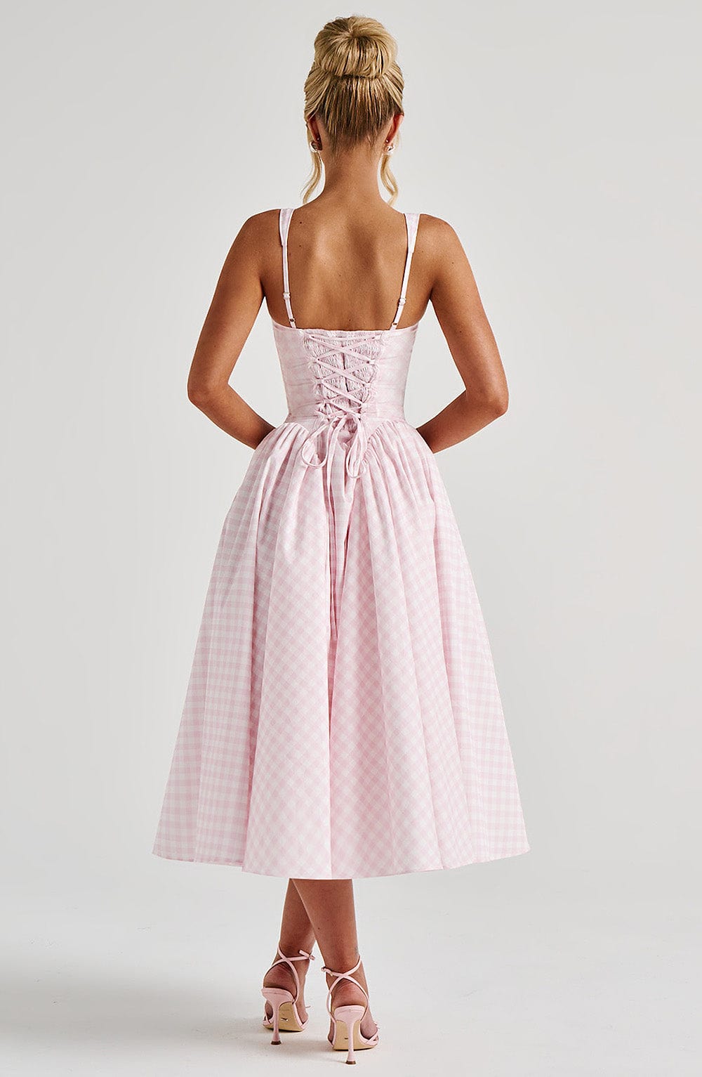 Women's Gingham Square Neck Full Skirt Dress Midi
