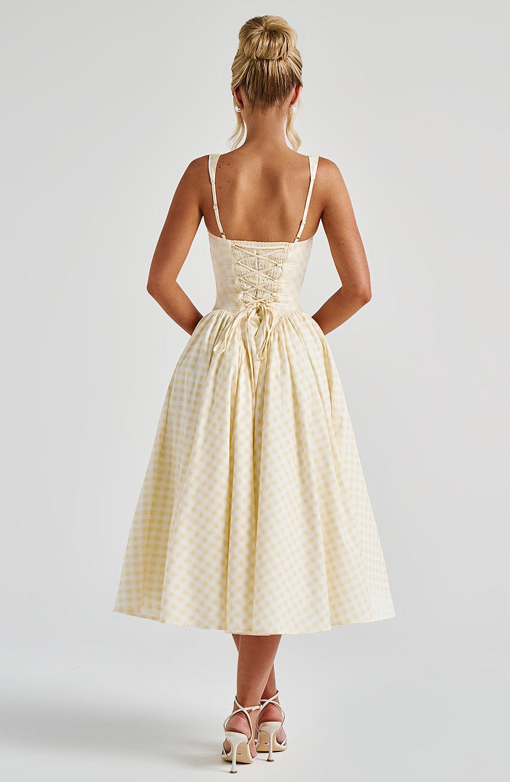 Women's Gingham Square Neck Full Skirt Dress Midi