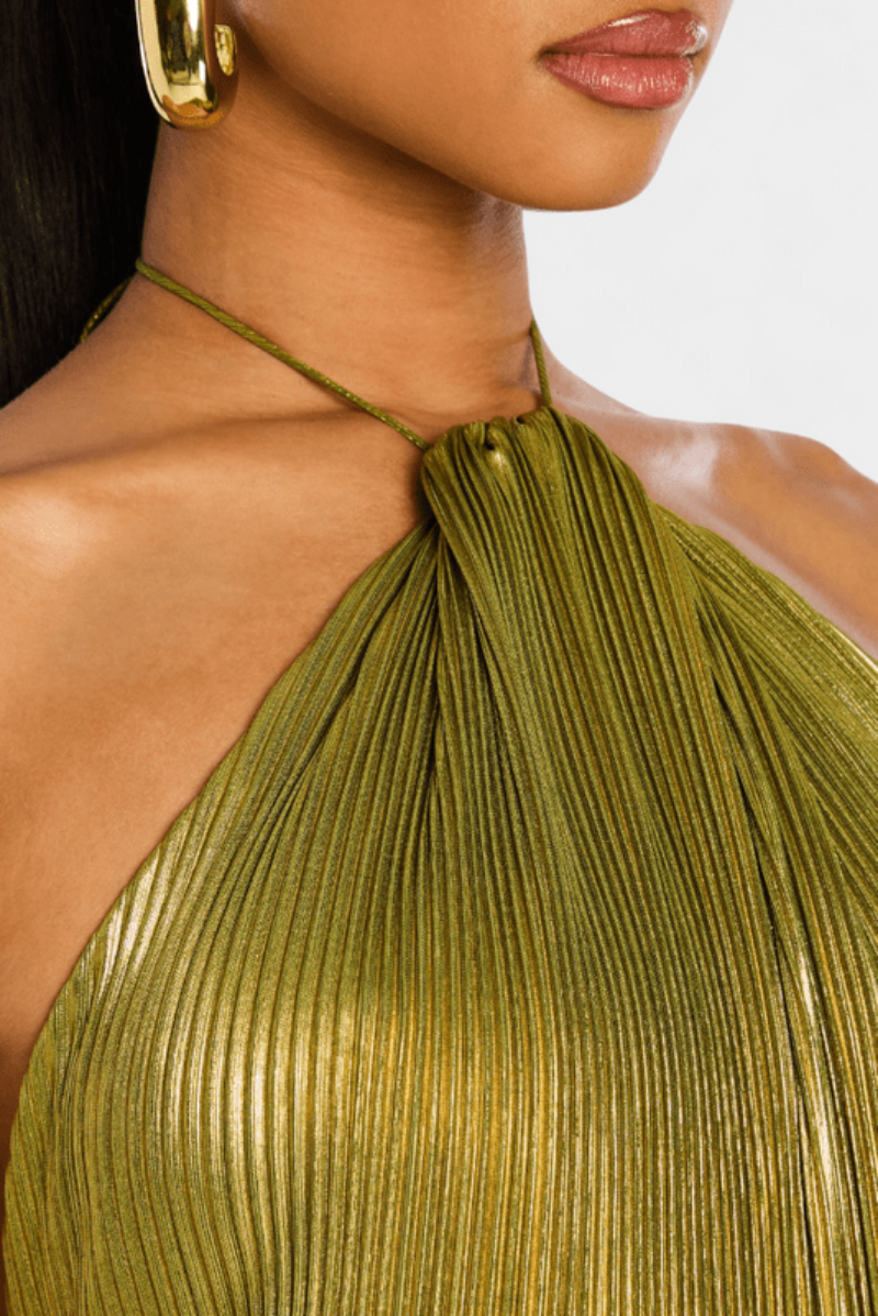 Women's Halter Neck Pleated High Slit Dress Maxi