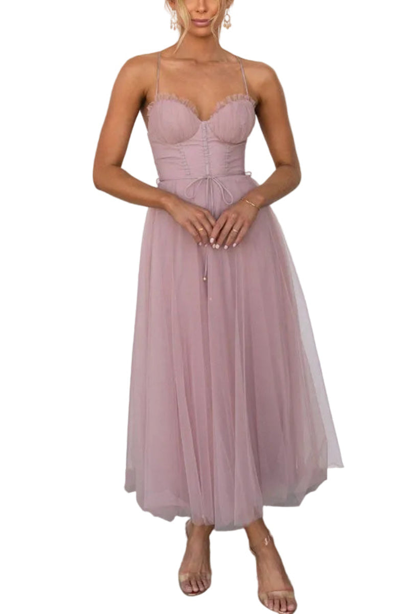 Women’s Lace Up Corset Tulle Dress Midi