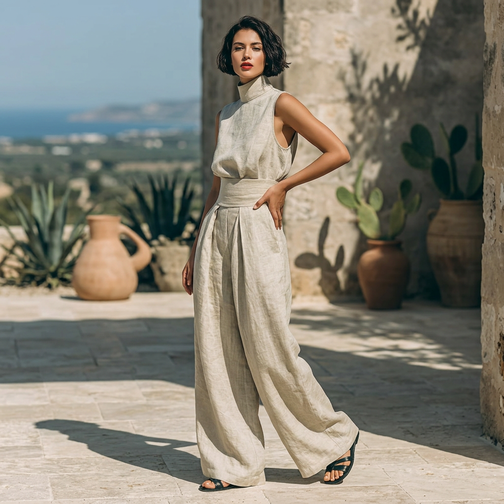 Women's Mock Neck Sleeveless Top Wide Leg Woven Trousers Set