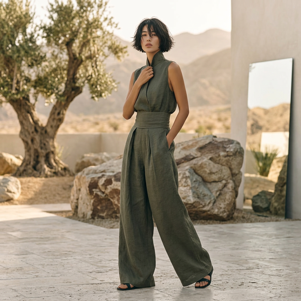 Women's Mock Neck Sleeveless Top Wide Leg Woven Trousers Set