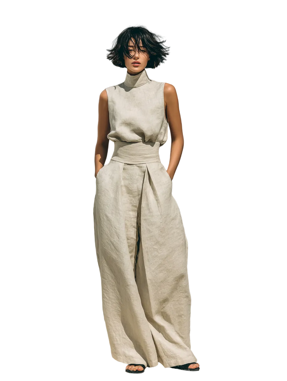 Women's Mock Neck Sleeveless Top Wide Leg Woven Trousers Set