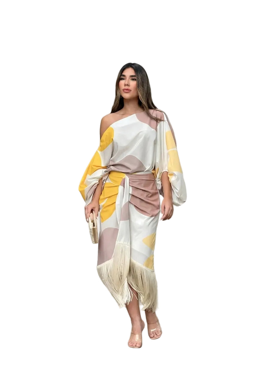 Women's One Shoulder Abstract Print Fringe Midi Skirt Set