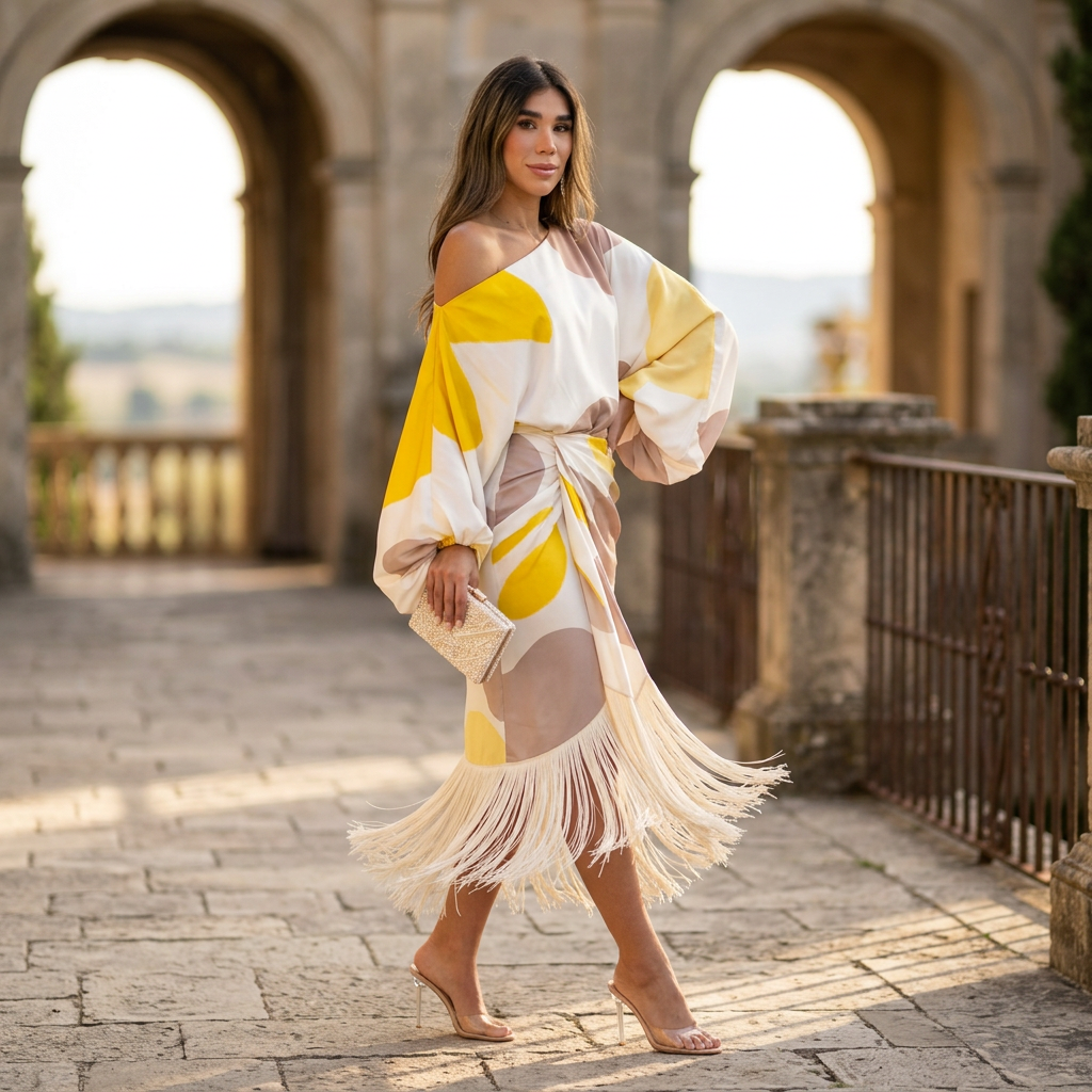 Women's One Shoulder Abstract Print Fringe Midi Skirt Set