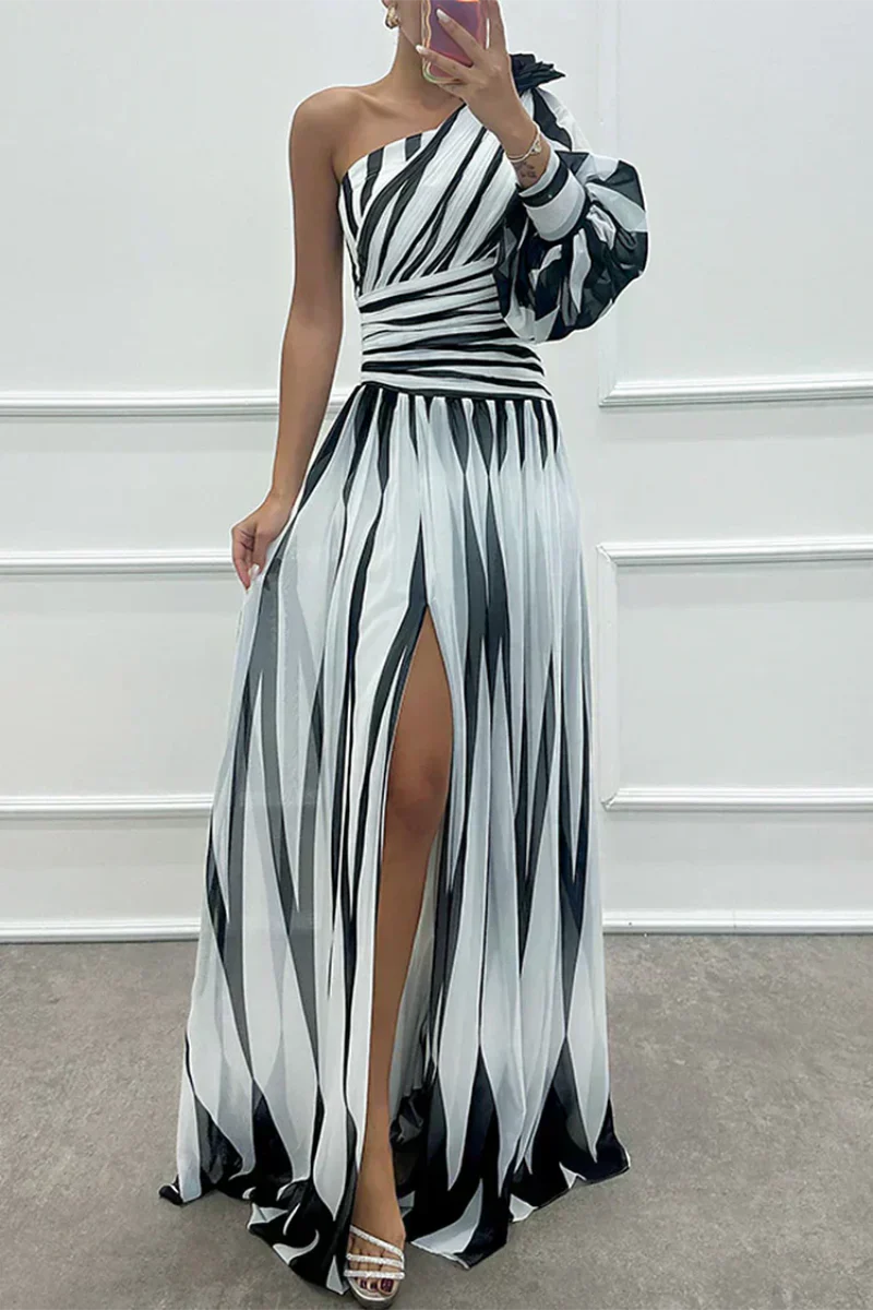 Women's One Shoulder Striped Dress Maxi