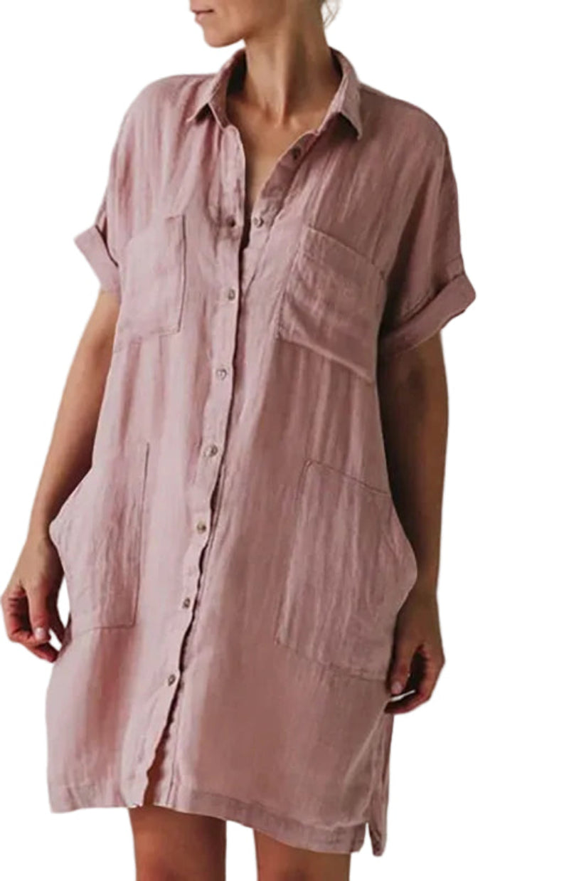 Women's Oversized Shirt Dress Short Sleeve Pocket Mini