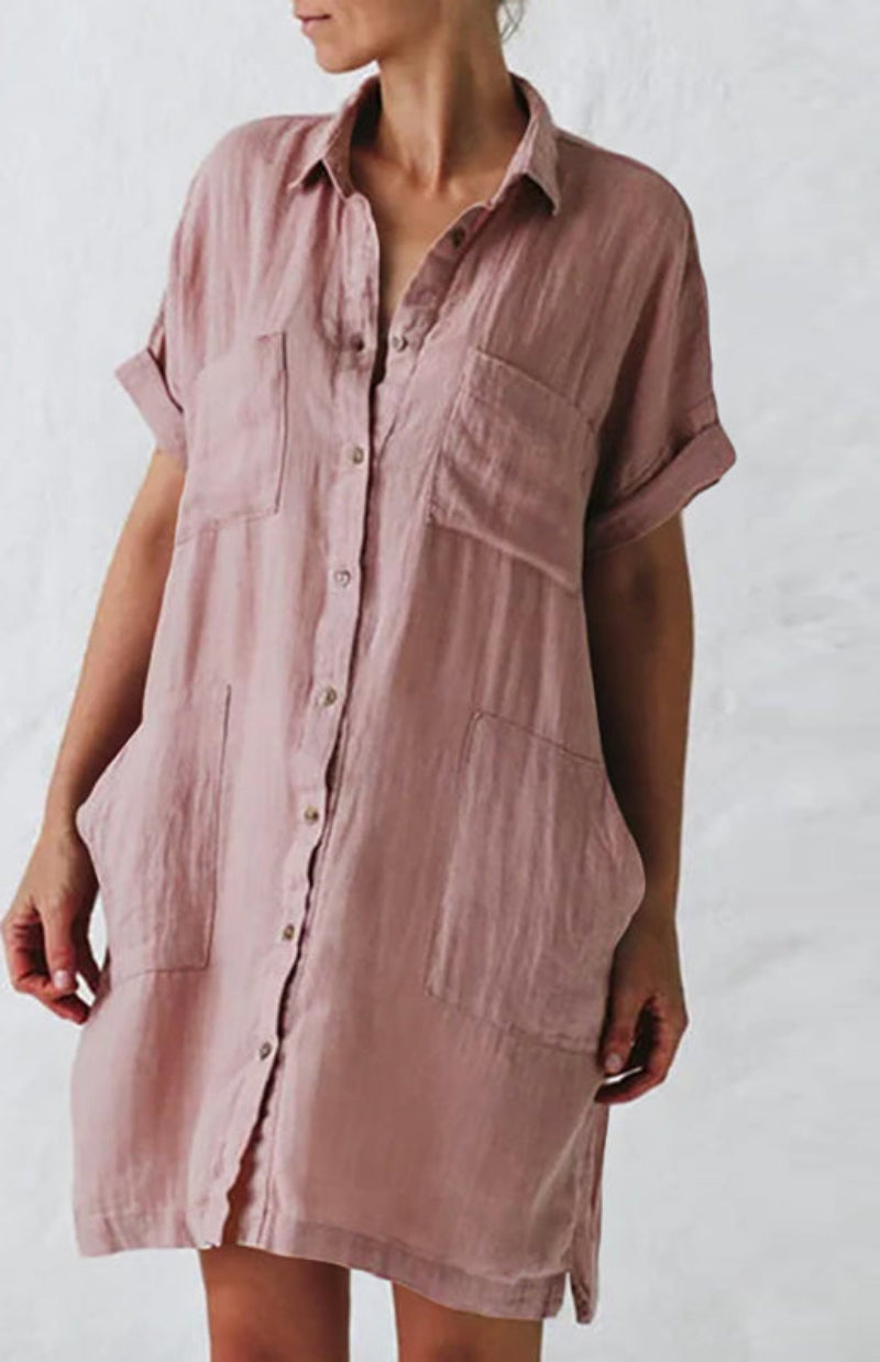 Women's Oversized Shirt Dress Short Sleeve Pocket Mini