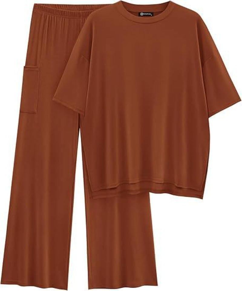 Women's Oversized T Shirt Wide Leg Trouser Set Dropped Shoulder