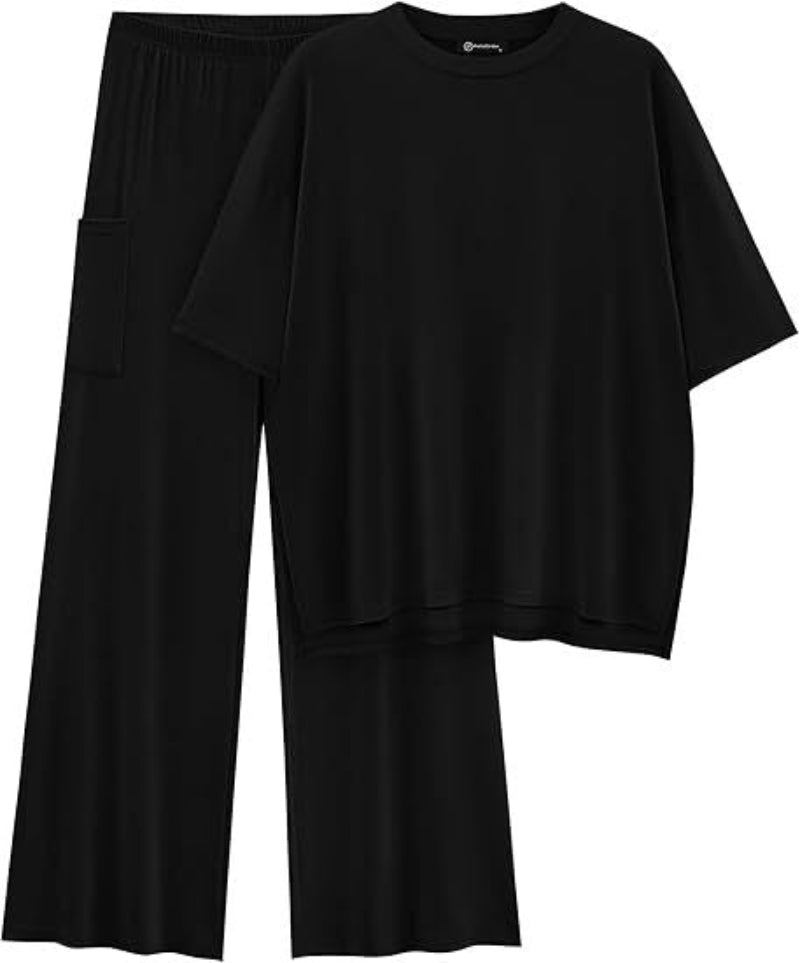 Women's Oversized T Shirt Wide Leg Trouser Set Dropped Shoulder