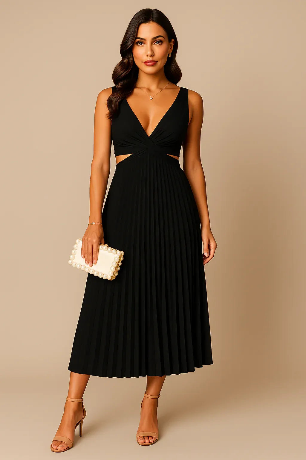 Women's V Neck Cut Out Dress Midi