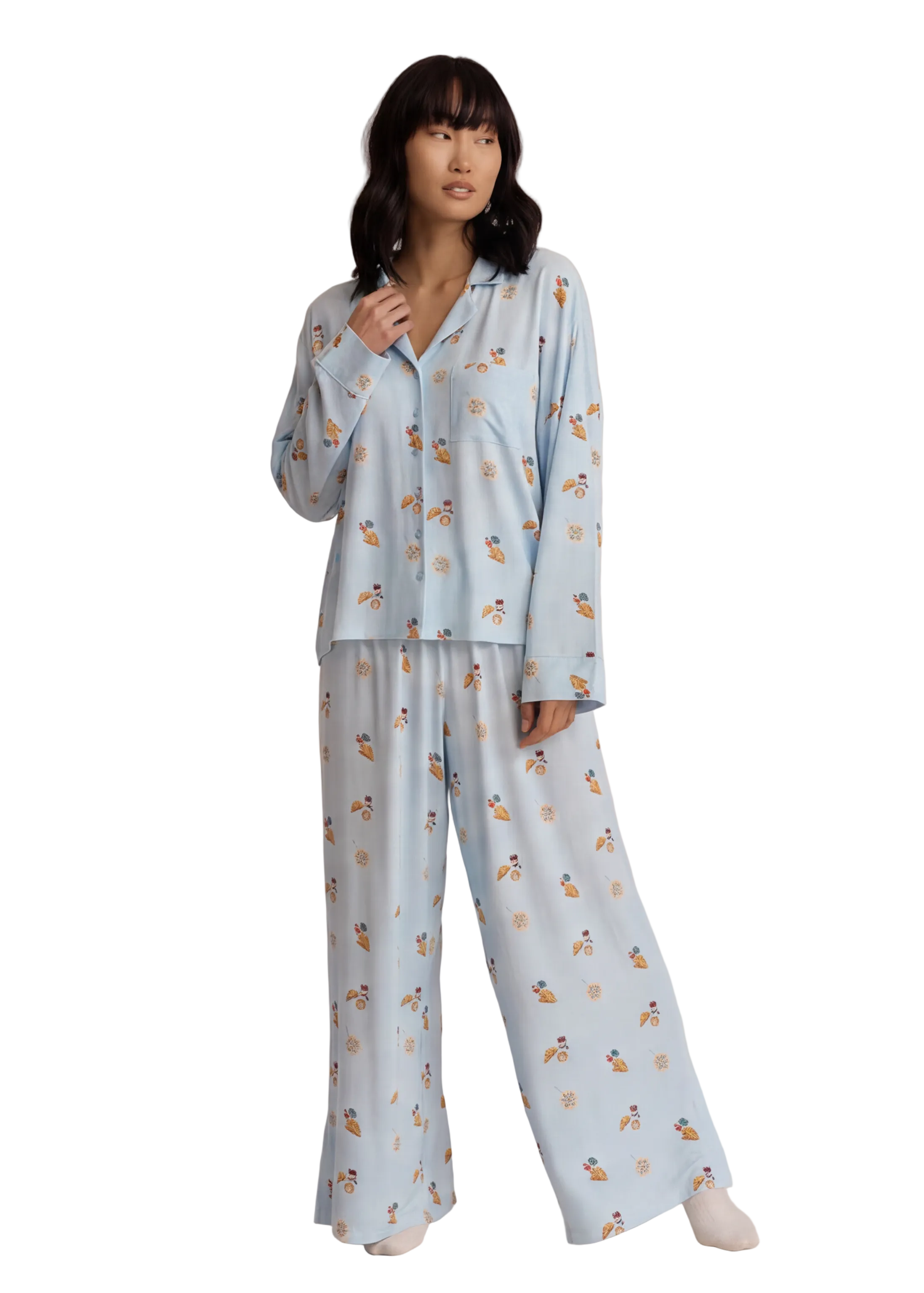 Women's Printed Button-Up Wide Leg Pajama Set