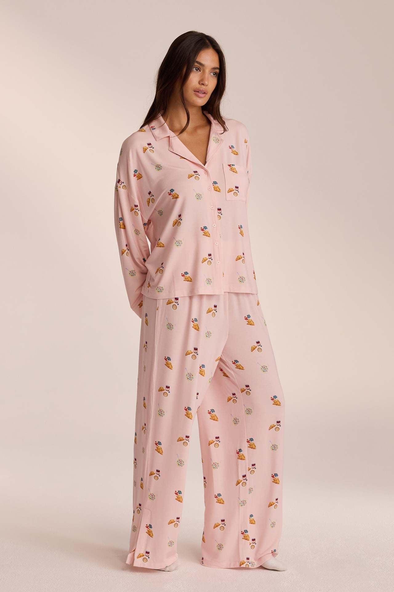 Women's Printed Button-Up Wide Leg Pajama Set