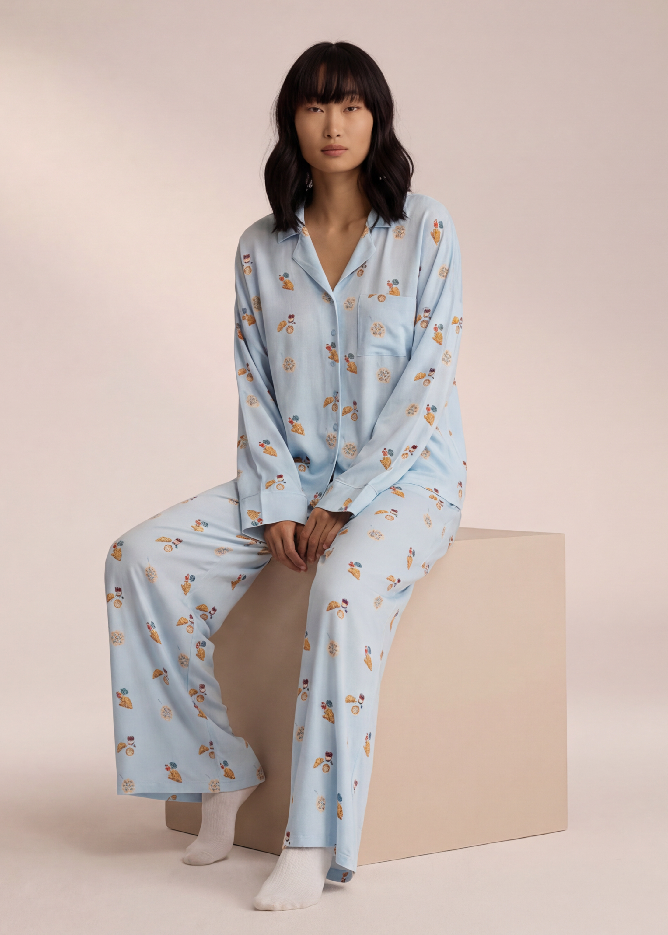 Women's Printed Button-Up Wide Leg Pajama Set