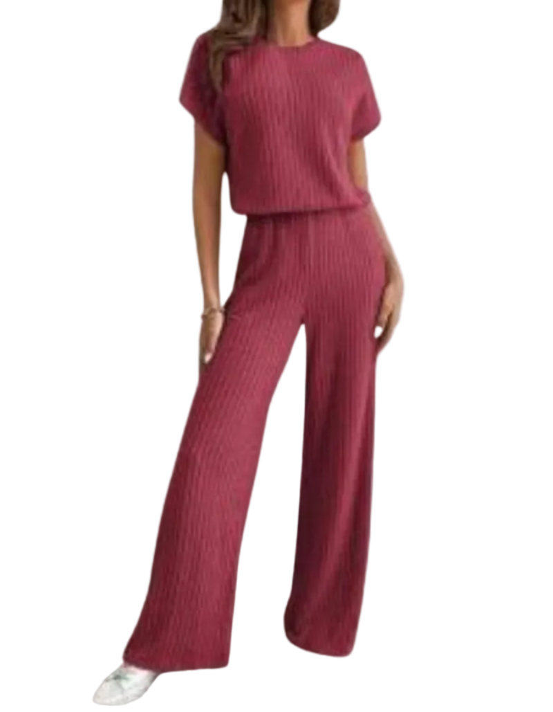 Women's Ribbed Knit Short Sleeve Top Wide Leg Trouser Set Dropped Shoulder