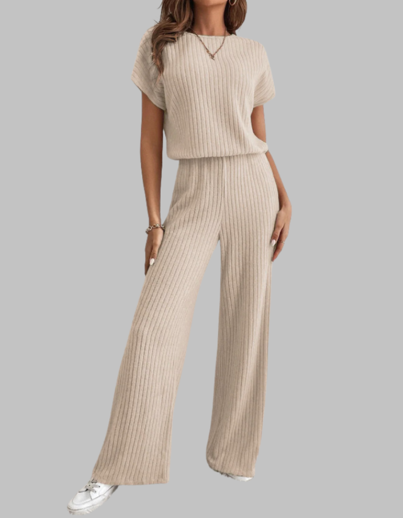 Women's Ribbed Knit Short Sleeve Top Wide Leg Trouser Set Dropped Shoulder