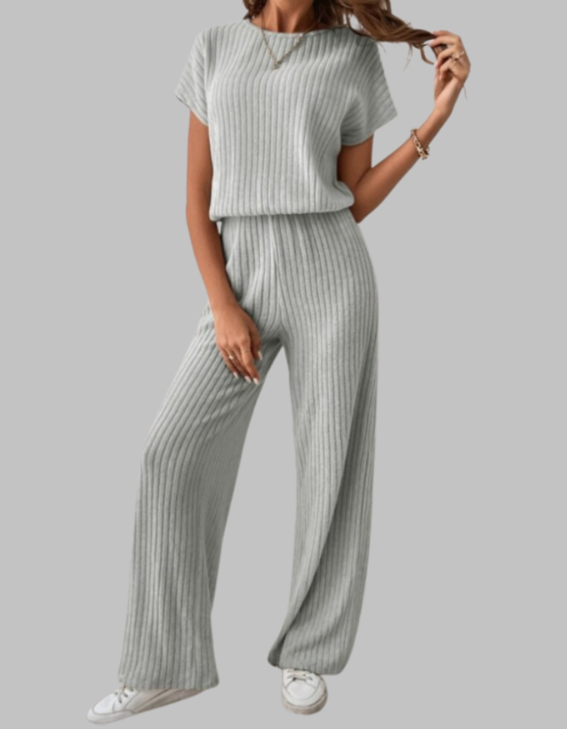 Women's Ribbed Knit Short Sleeve Top Wide Leg Trouser Set Dropped Shoulder