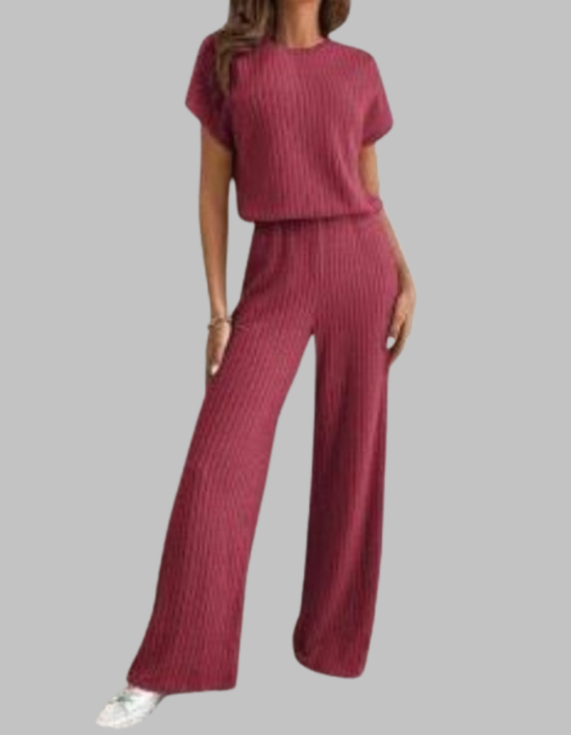 Women's Ribbed Knit Short Sleeve Top Wide Leg Trouser Set Dropped Shoulder