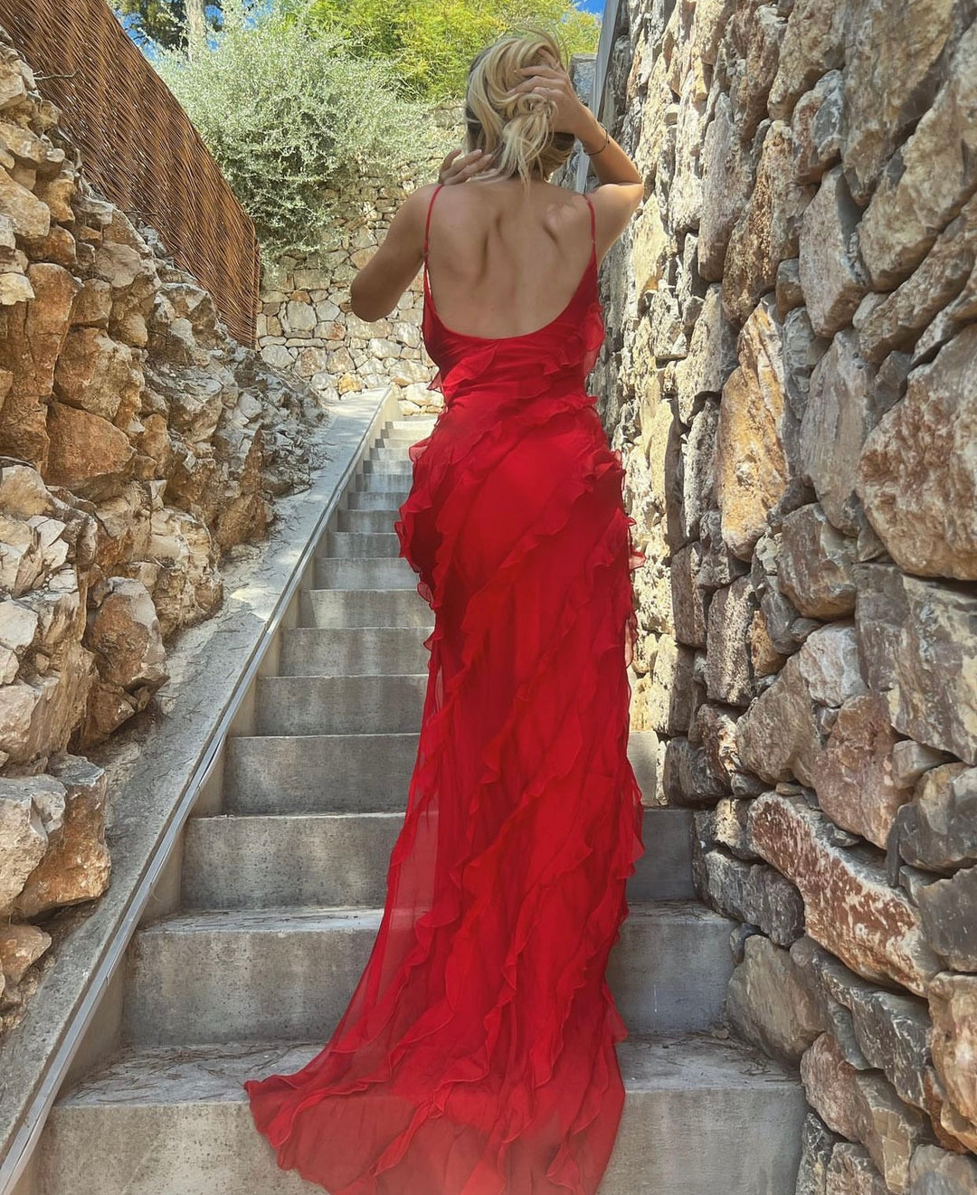 Women's Ruffled Dress with Straps Maxi