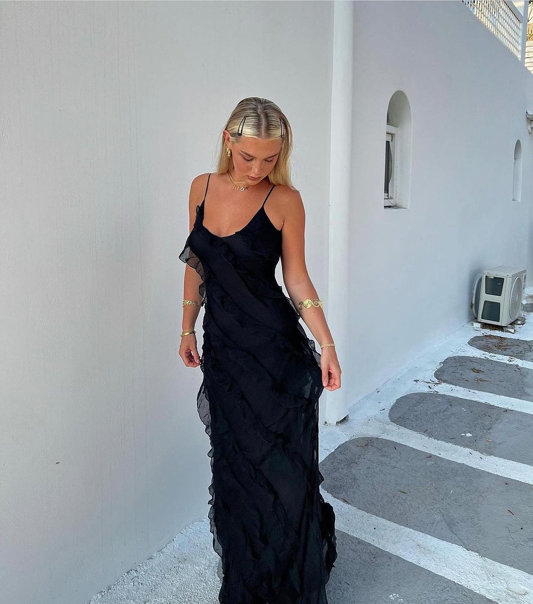 Women's Ruffled Dress with Straps Maxi