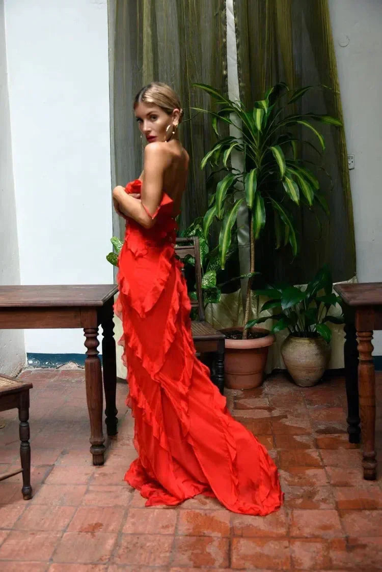 Women's Ruffled Dress with Straps Maxi