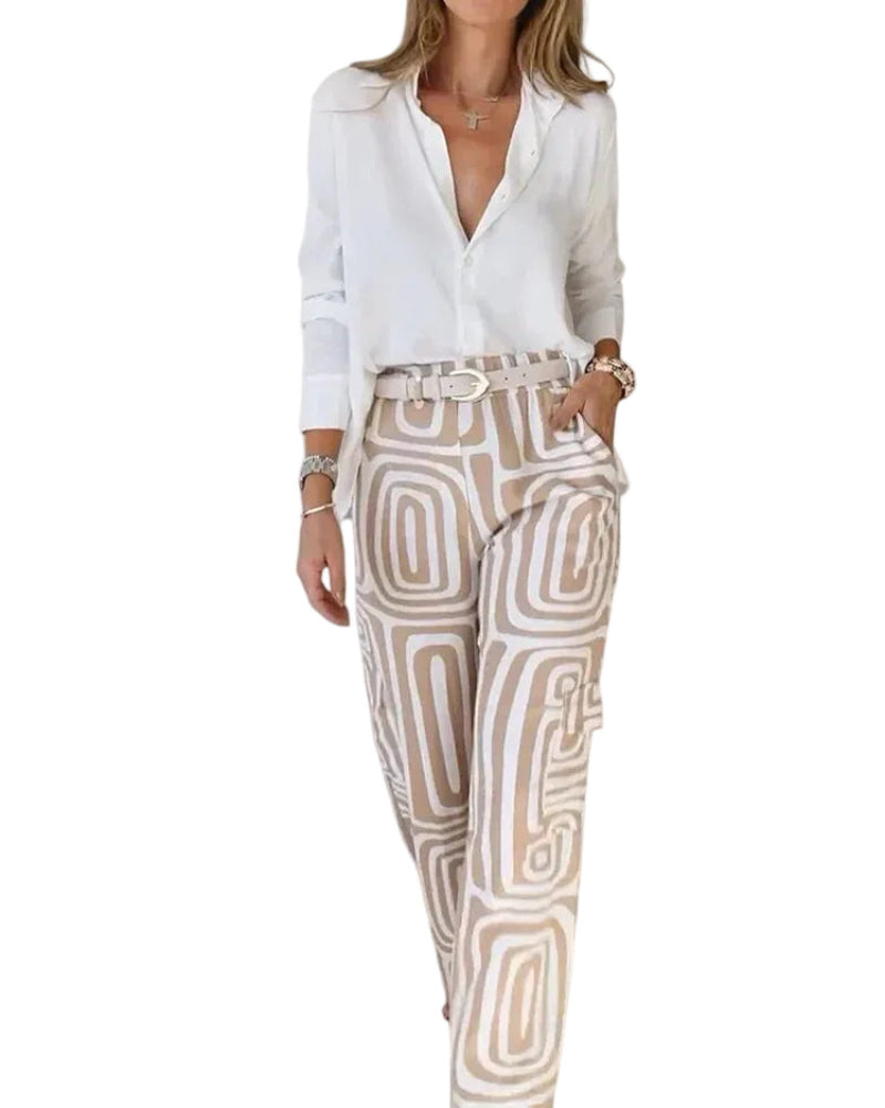 Women's Shirt and Printed Straight Leg Trousers Set