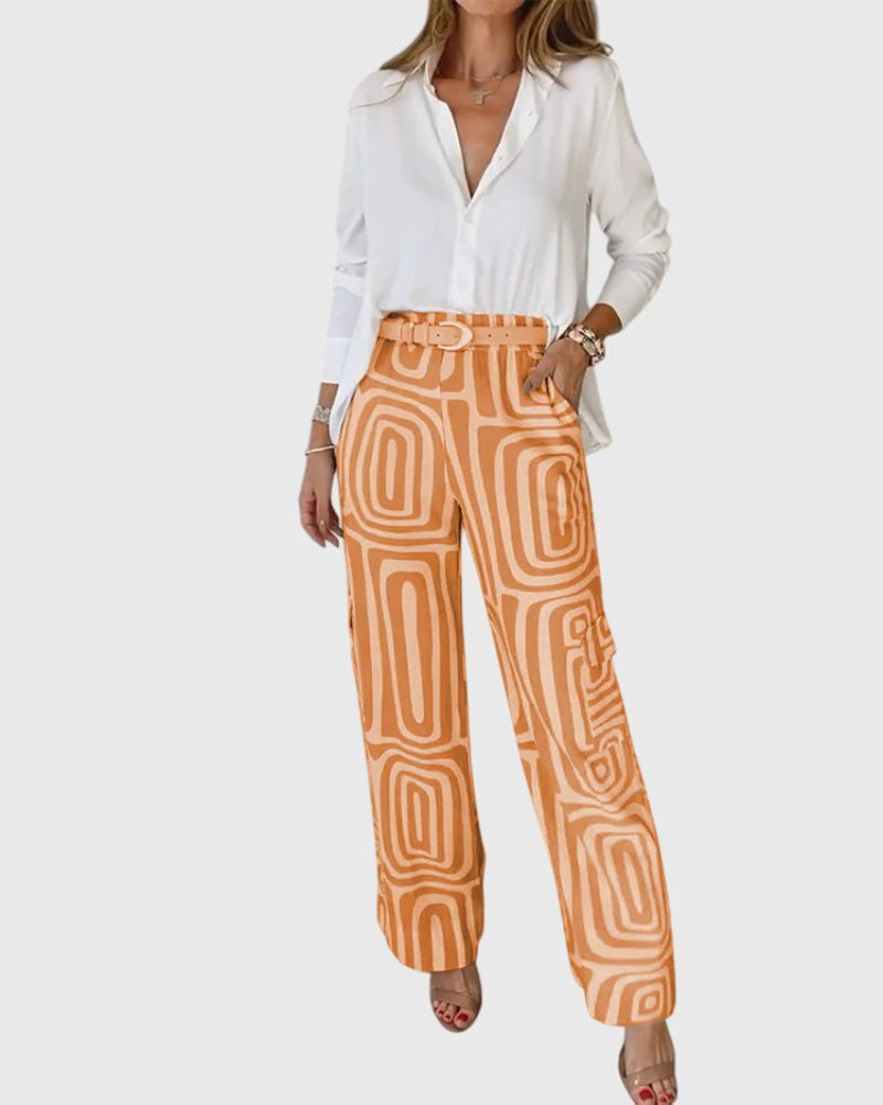 Women's Shirt and Printed Straight Leg Trousers Set